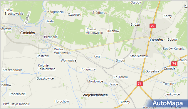 mapa Ługi gmina Wojciechowice, Ługi gmina Wojciechowice na mapie Targeo