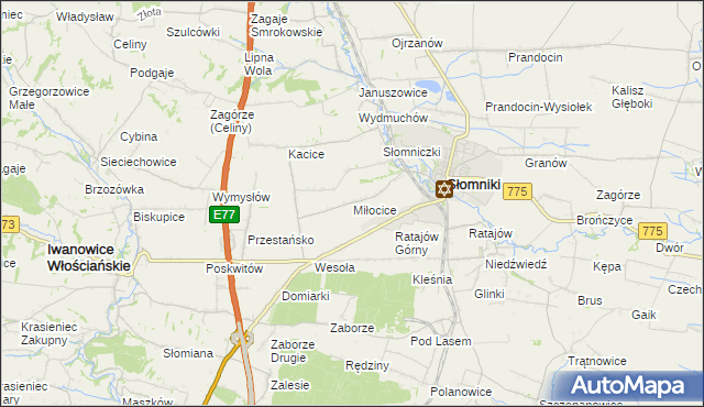 mapa Miłocice gmina Słomniki, Miłocice gmina Słomniki na mapie Targeo