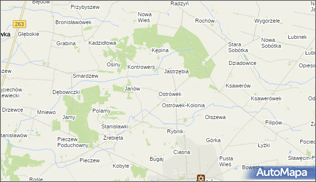 mapa Ostrówek gmina Grabów, Ostrówek gmina Grabów na mapie Targeo