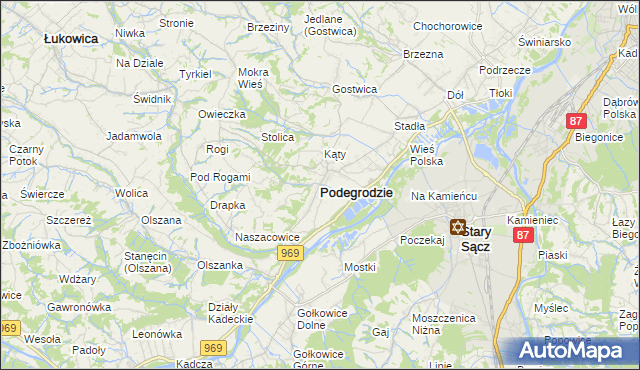 mapa Podegrodzie powiat nowosądecki, Podegrodzie powiat nowosądecki na mapie Targeo
