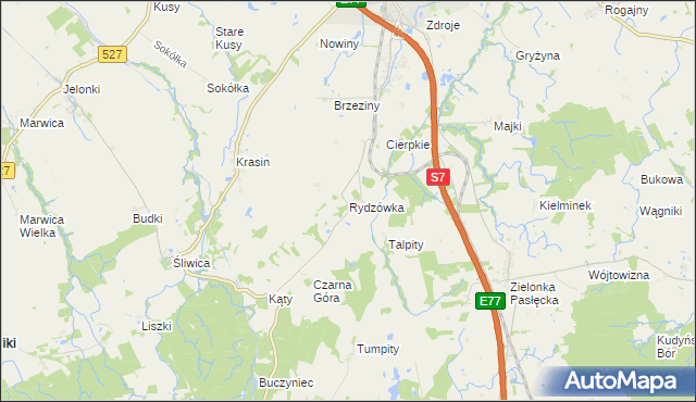 mapa Rydzówka gmina Pasłęk, Rydzówka gmina Pasłęk na mapie Targeo