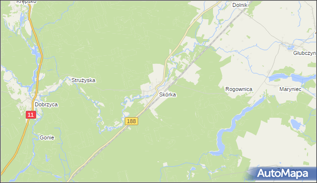 mapa Skórka gmina Krajenka, Skórka gmina Krajenka na mapie Targeo