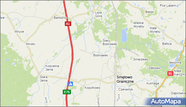 mapa Bobrowiec gmina Smętowo Graniczne, Bobrowiec gmina Smętowo Graniczne na mapie Targeo