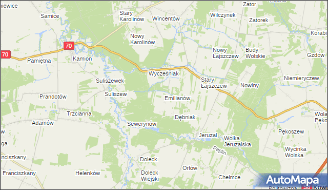 mapa Emilianów gmina Puszcza Mariańska, Emilianów gmina Puszcza Mariańska na mapie Targeo