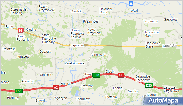 mapa Genowefa gmina Krzymów, Genowefa gmina Krzymów na mapie Targeo