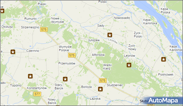 mapa Alfonsów gmina Słubice, Alfonsów gmina Słubice na mapie Targeo