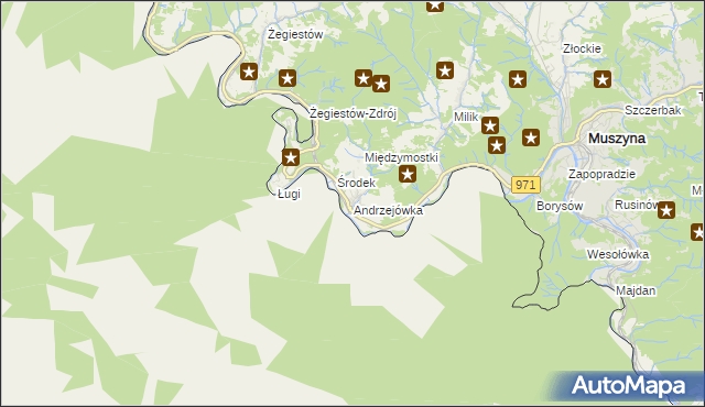 mapa Andrzejówka gmina Muszyna, Andrzejówka gmina Muszyna na mapie Targeo