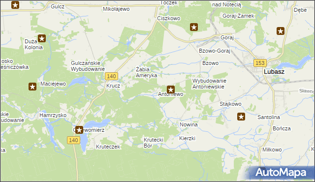 mapa Antoniewo gmina Lubasz, Antoniewo gmina Lubasz na mapie Targeo