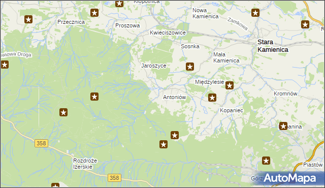 mapa Antoniów gmina Stara Kamienica, Antoniów gmina Stara Kamienica na mapie Targeo