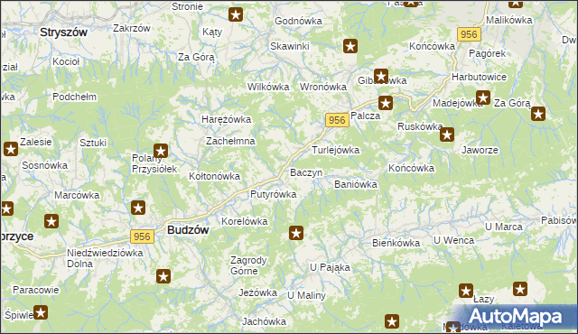 mapa Baczyn gmina Budzów, Baczyn gmina Budzów na mapie Targeo