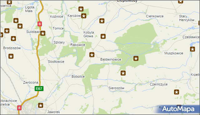 mapa Baldwinowice gmina Ciepłowody, Baldwinowice gmina Ciepłowody na mapie Targeo