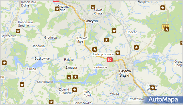 mapa Biedrzychowice gmina Olszyna, Biedrzychowice gmina Olszyna na mapie Targeo