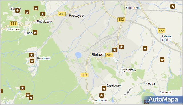 mapa Bielawa powiat dzierżoniowski, Bielawa powiat dzierżoniowski na mapie Targeo