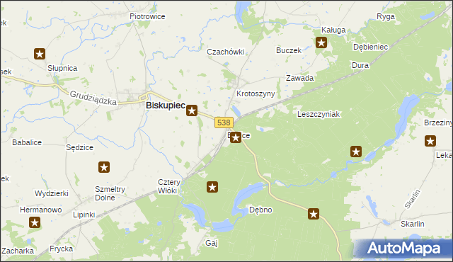 mapa Bielice gmina Biskupiec, Bielice gmina Biskupiec na mapie Targeo