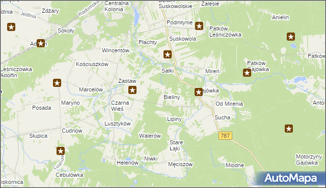 mapa Bieliny gmina Pionki, Bieliny gmina Pionki na mapie Targeo