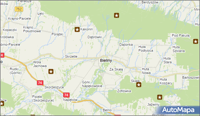 mapa Bieliny powiat kielecki, Bieliny powiat kielecki na mapie Targeo