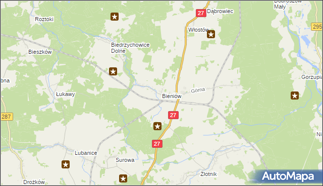 mapa Bieniów gmina Żary, Bieniów gmina Żary na mapie Targeo