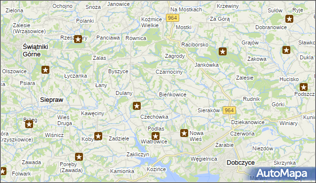 mapa Bieńkowice gmina Dobczyce, Bieńkowice gmina Dobczyce na mapie Targeo