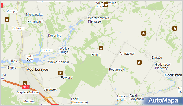 mapa Bilsko gmina Modliborzyce, Bilsko gmina Modliborzyce na mapie Targeo