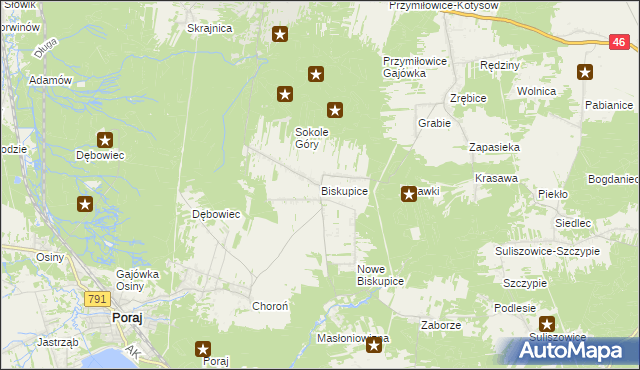 mapa Biskupice gmina Olsztyn, Biskupice gmina Olsztyn na mapie Targeo