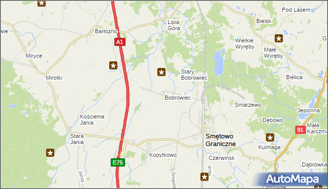 mapa Bobrowiec gmina Smętowo Graniczne, Bobrowiec gmina Smętowo Graniczne na mapie Targeo