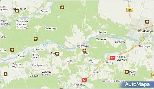 mapa Bobrowniki gmina Działoszyn, Bobrowniki gmina Działoszyn na mapie Targeo
