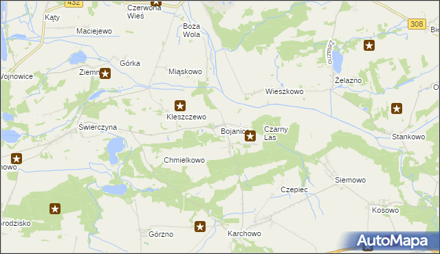 mapa Bojanice gmina Krzemieniewo, Bojanice gmina Krzemieniewo na mapie Targeo