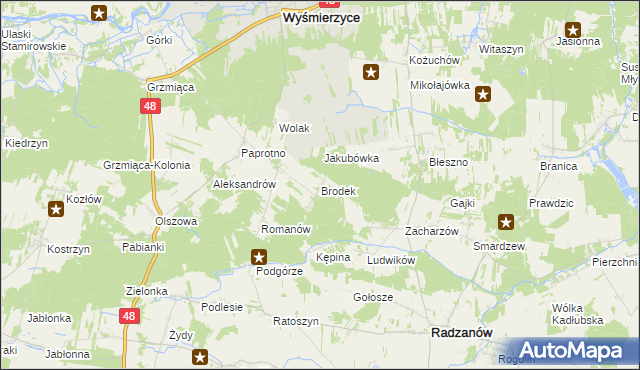 mapa Brodek gmina Wyśmierzyce, Brodek gmina Wyśmierzyce na mapie Targeo