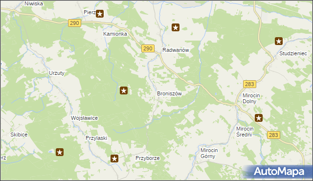 mapa Broniszów gmina Kożuchów, Broniszów gmina Kożuchów na mapie Targeo