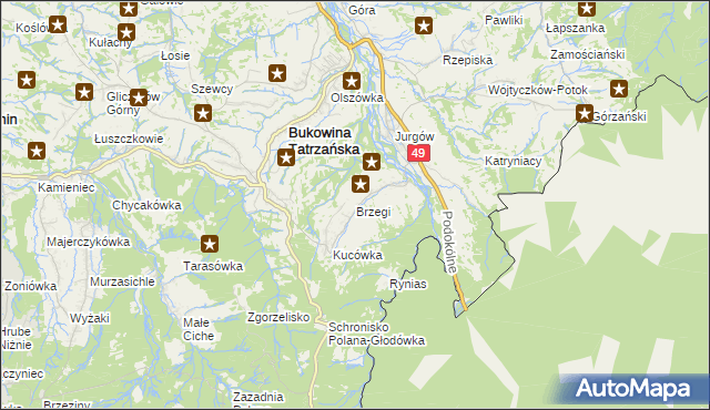 mapa Brzegi gmina Bukowina Tatrzańska, Brzegi gmina Bukowina Tatrzańska na mapie Targeo