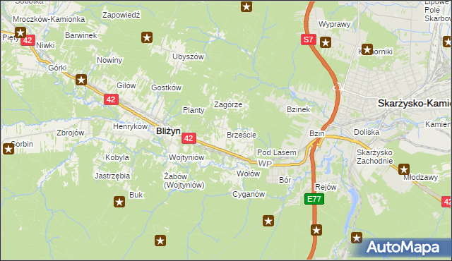 mapa Brzeście gmina Bliżyn, Brzeście gmina Bliżyn na mapie Targeo