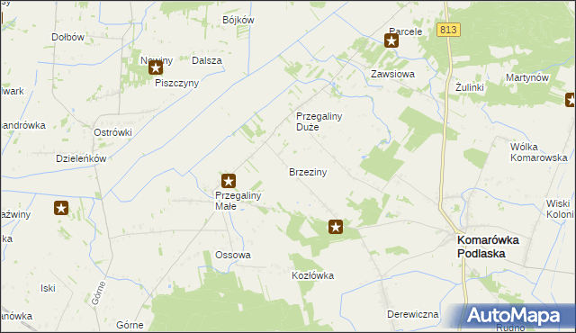 mapa Brzeziny gmina Komarówka Podlaska, Brzeziny gmina Komarówka Podlaska na mapie Targeo