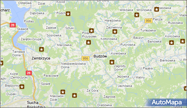 mapa Budzów powiat suski, Budzów powiat suski na mapie Targeo