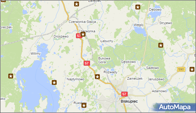 mapa Bukowa Góra gmina Biskupiec, Bukowa Góra gmina Biskupiec na mapie Targeo