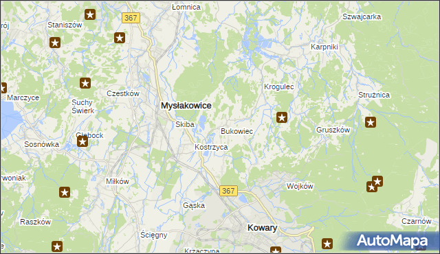 mapa Bukowiec gmina Mysłakowice, Bukowiec gmina Mysłakowice na mapie Targeo