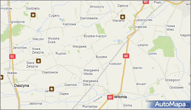 mapa Byszew gmina Kutno, Byszew gmina Kutno na mapie Targeo