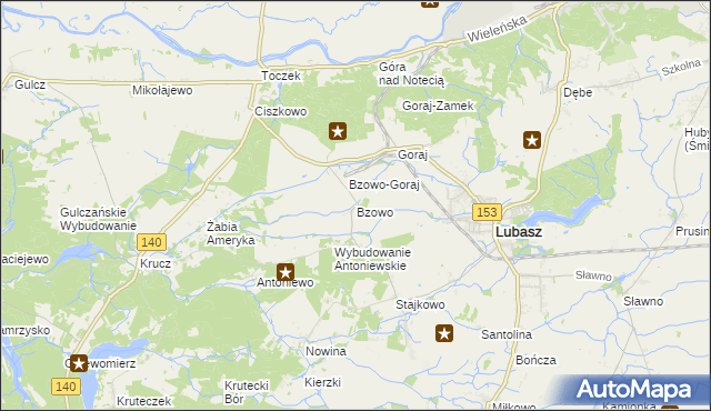 mapa Bzowo gmina Lubasz, Bzowo gmina Lubasz na mapie Targeo