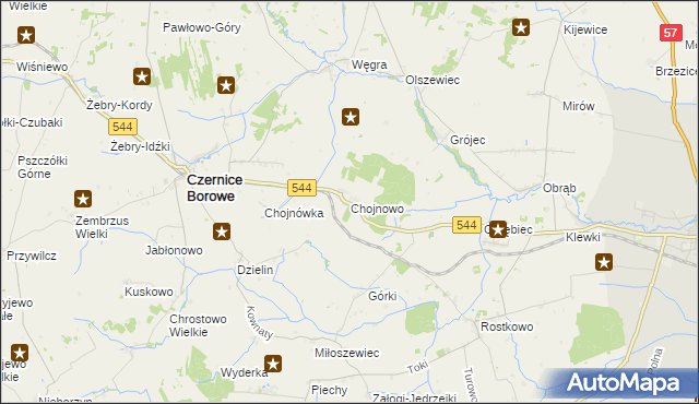 mapa Chojnowo gmina Czernice Borowe, Chojnowo gmina Czernice Borowe na mapie Targeo