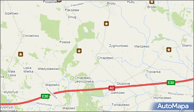 mapa Chraplewo gmina Kuślin, Chraplewo gmina Kuślin na mapie Targeo