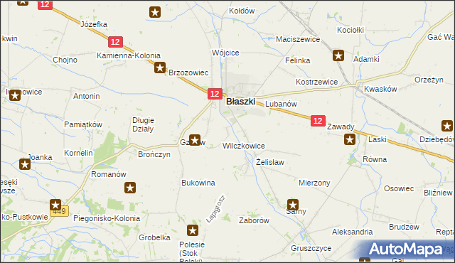 mapa Chrzanowice gmina Błaszki, Chrzanowice gmina Błaszki na mapie Targeo