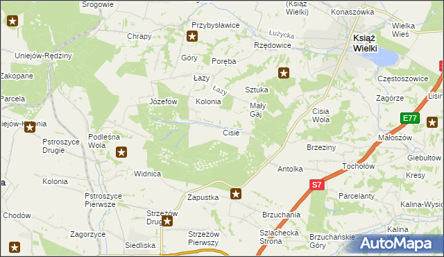 mapa Cisie gmina Książ Wielki, Cisie gmina Książ Wielki na mapie Targeo