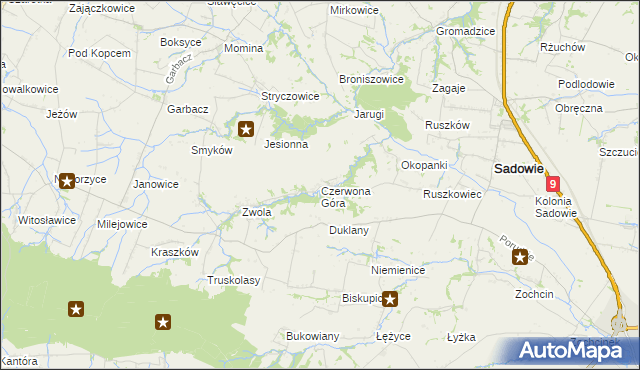 mapa Czerwona Góra gmina Sadowie, Czerwona Góra gmina Sadowie na mapie Targeo