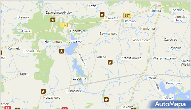 mapa Dębina gmina Pniewy, Dębina gmina Pniewy na mapie Targeo