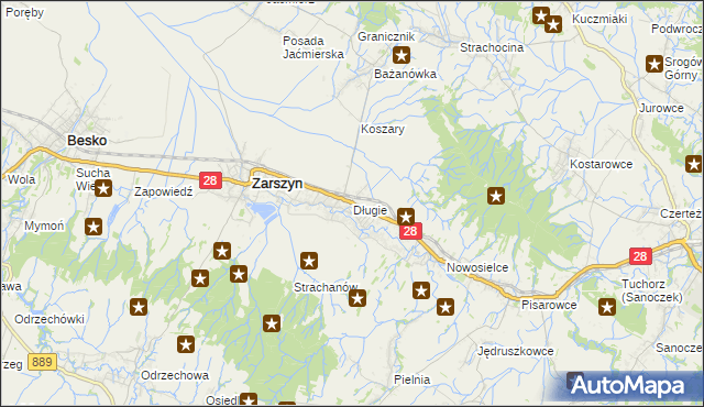 mapa Długie gmina Zarszyn, Długie gmina Zarszyn na mapie Targeo