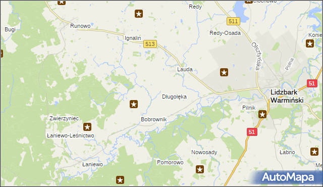 mapa Długołęka gmina Lidzbark Warmiński, Długołęka gmina Lidzbark Warmiński na mapie Targeo