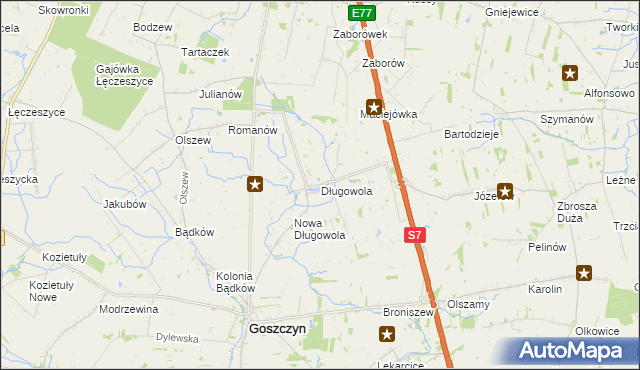 mapa Długowola gmina Goszczyn, Długowola gmina Goszczyn na mapie Targeo