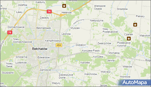 mapa Dobiecin gmina Bełchatów, Dobiecin gmina Bełchatów na mapie Targeo
