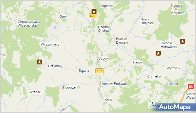 mapa Dybów gmina Kosów Lacki, Dybów gmina Kosów Lacki na mapie Targeo