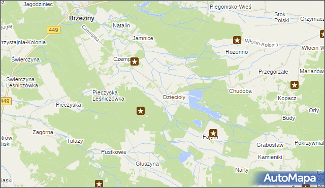 mapa Dzięcioły gmina Brzeziny, Dzięcioły gmina Brzeziny na mapie Targeo