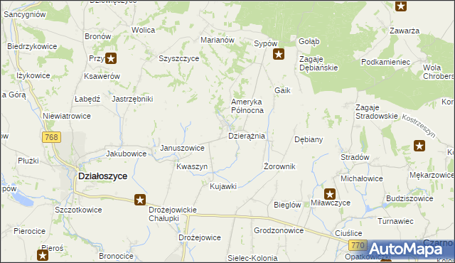 mapa Dzierążnia gmina Działoszyce, Dzierążnia gmina Działoszyce na mapie Targeo